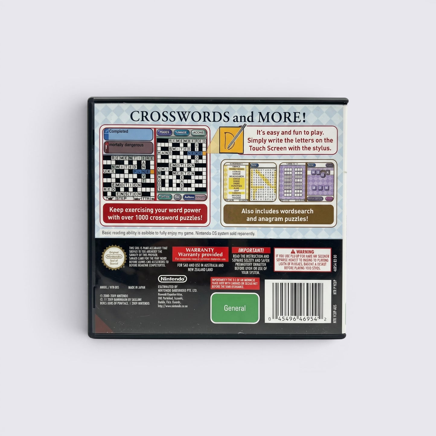Back cover of MrPixel Crossword Collection game for Nintendo DS showing puzzle gameplay screenshots and features.