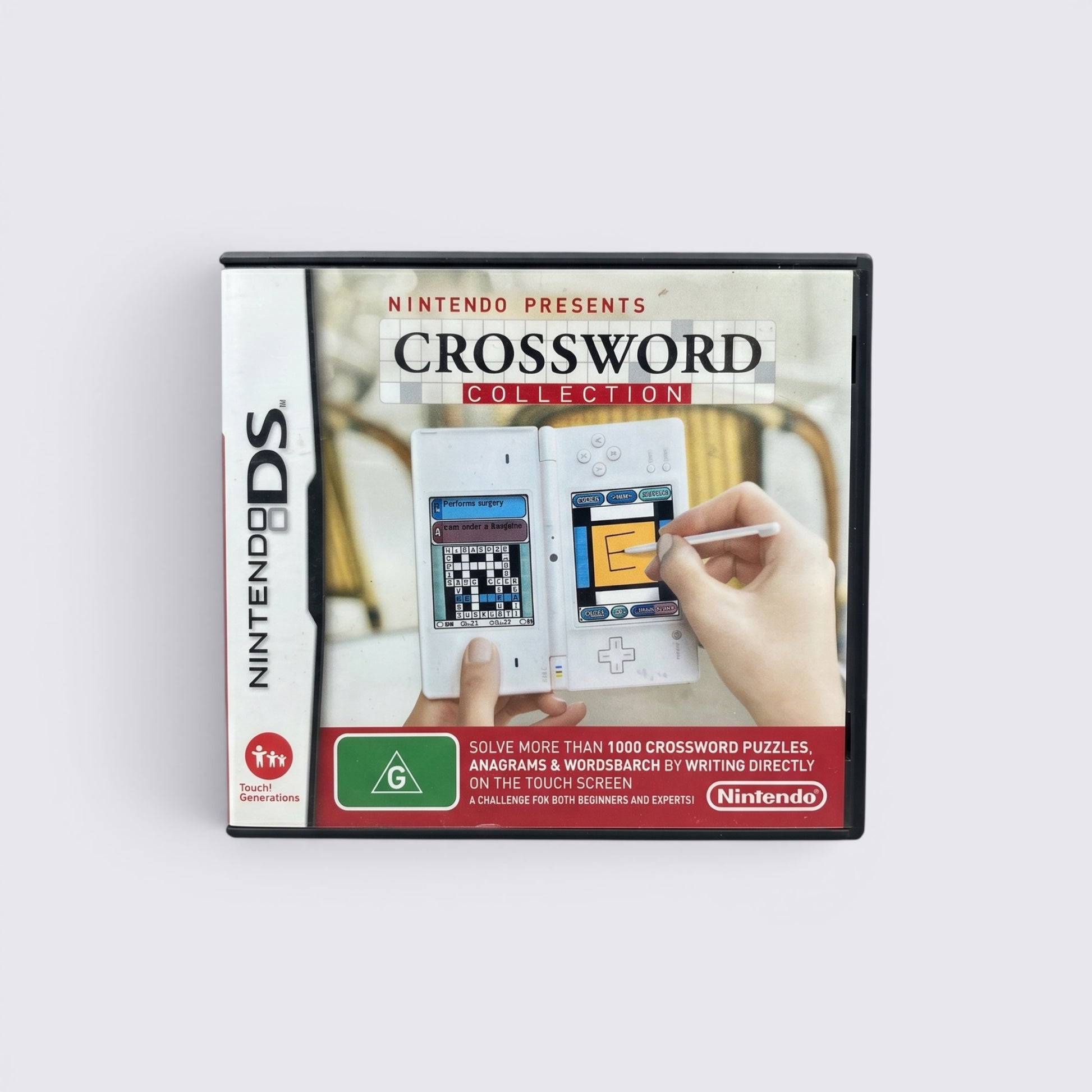 MrPixel Crossword Collection Nintendo DS game case featuring a stylus solving a crossword puzzle on a touchscreen.