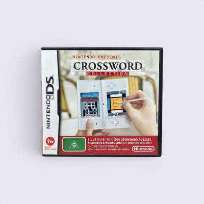 MrPixel Crossword Collection Nintendo DS game case featuring a stylus solving a crossword puzzle on a touchscreen.