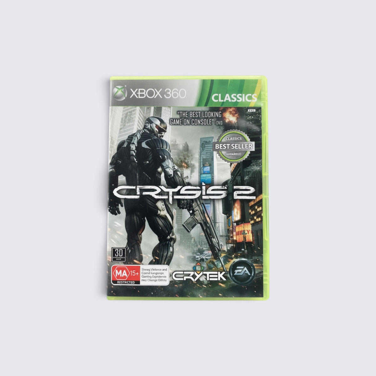 MrPixel Crysis 2 Classics edition video game for Xbox 360 featuring Nanosuit soldier in a ruined New York City