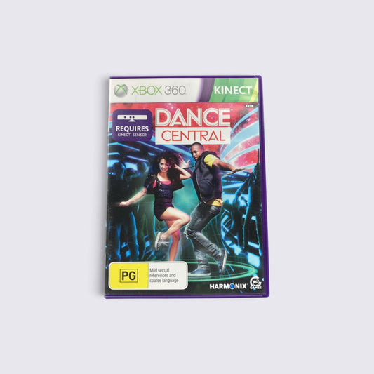 MrPixel Dance Central Xbox 360 Kinect game case featuring two dancers on a vibrant blue and pink stage background.