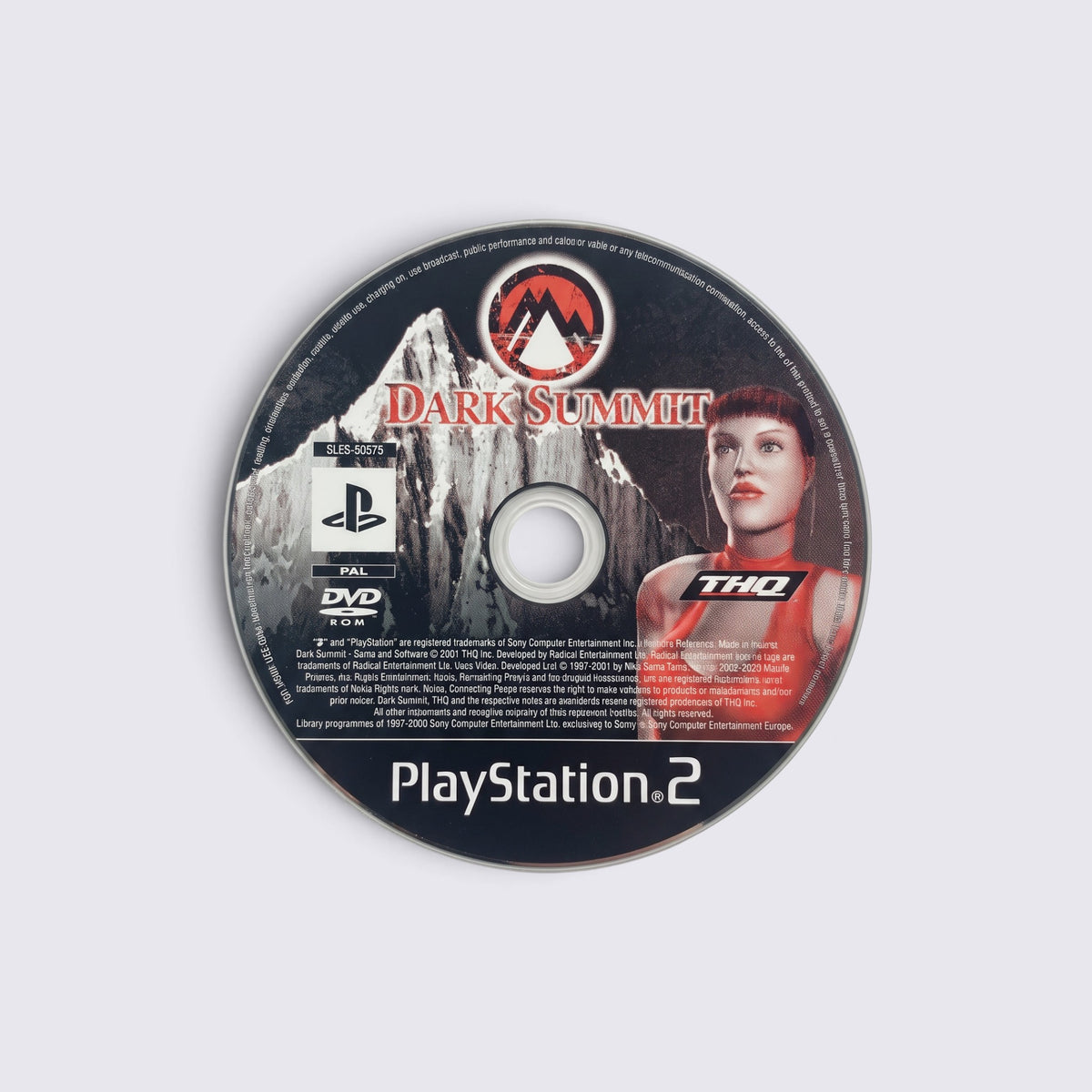 MrPixel Dark Summit PlayStation 2 game disc featuring a mountain graphic and character portrait on a white background