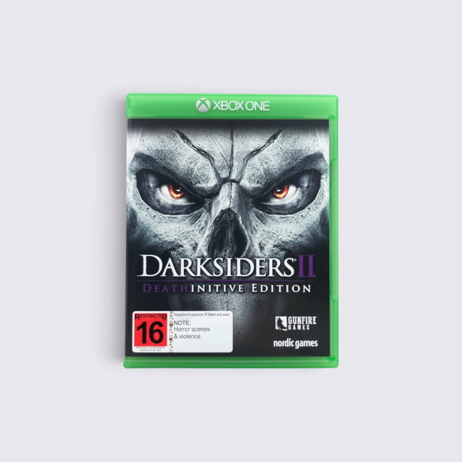 MrPixel Darksiders II Deathinitive Edition Xbox One game case featuring a skull mask and glowing orange eyes