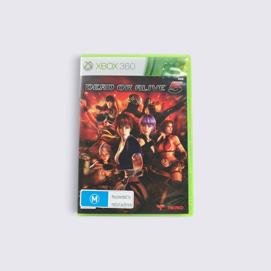 MrPixel Dead or Alive 5 Xbox 360 game case featuring a dynamic ensemble of martial arts characters on the cover