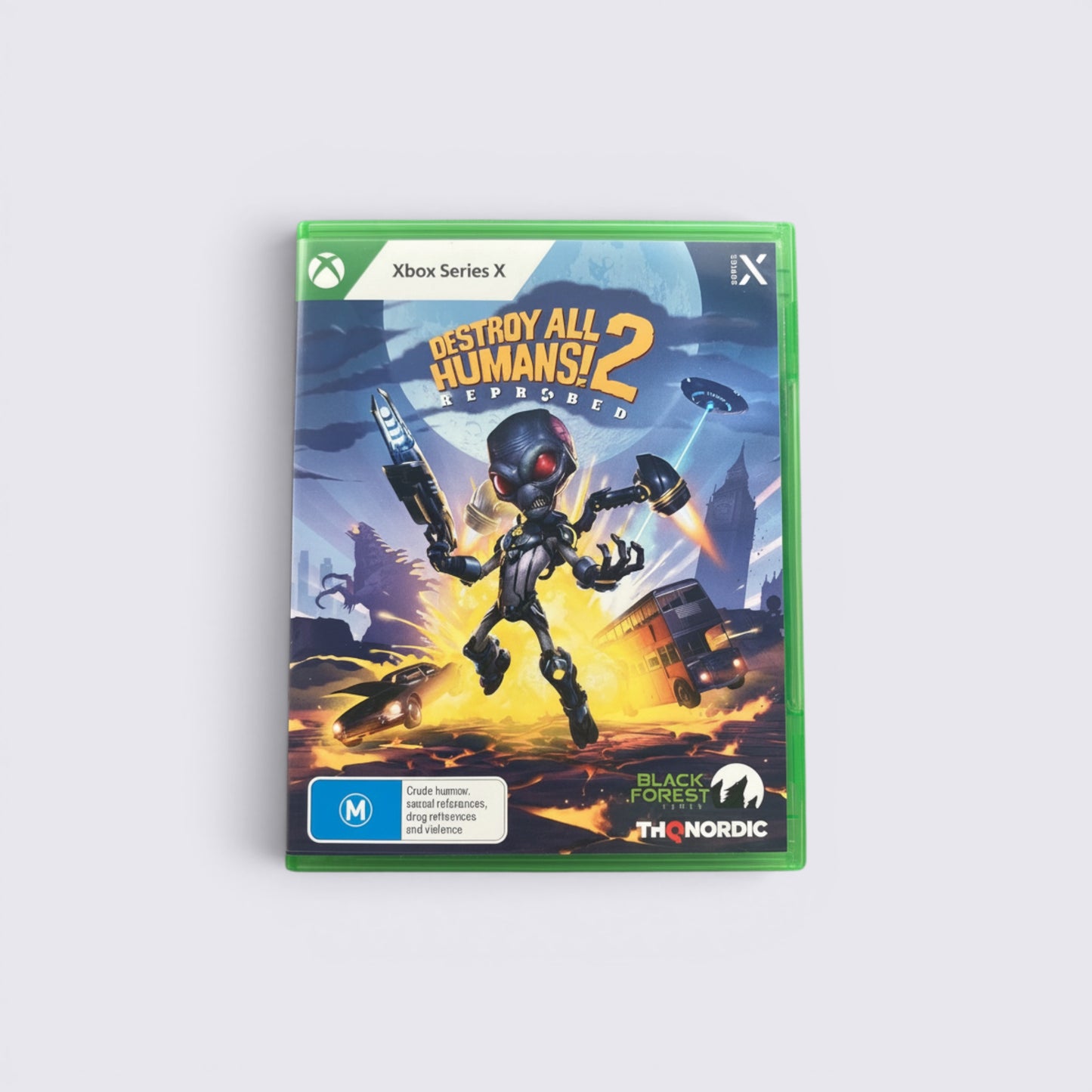 MrPixel Destroy All Humans! 2: Reprobed Xbox Series X game case featuring the alien Crypto in a chaotic city scene.