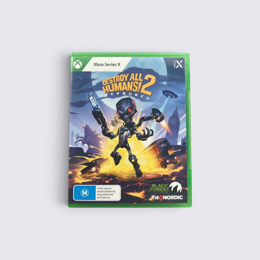 MrPixel Destroy All Humans! 2: Reprobed Xbox Series X game case featuring the alien Crypto in a chaotic city scene.