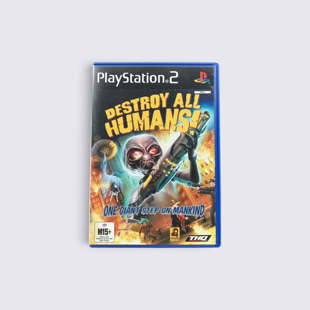 MrPixel Destroy All Humans! PlayStation 2 game case featuring alien invader Crypto with a weapon in a city setting.
