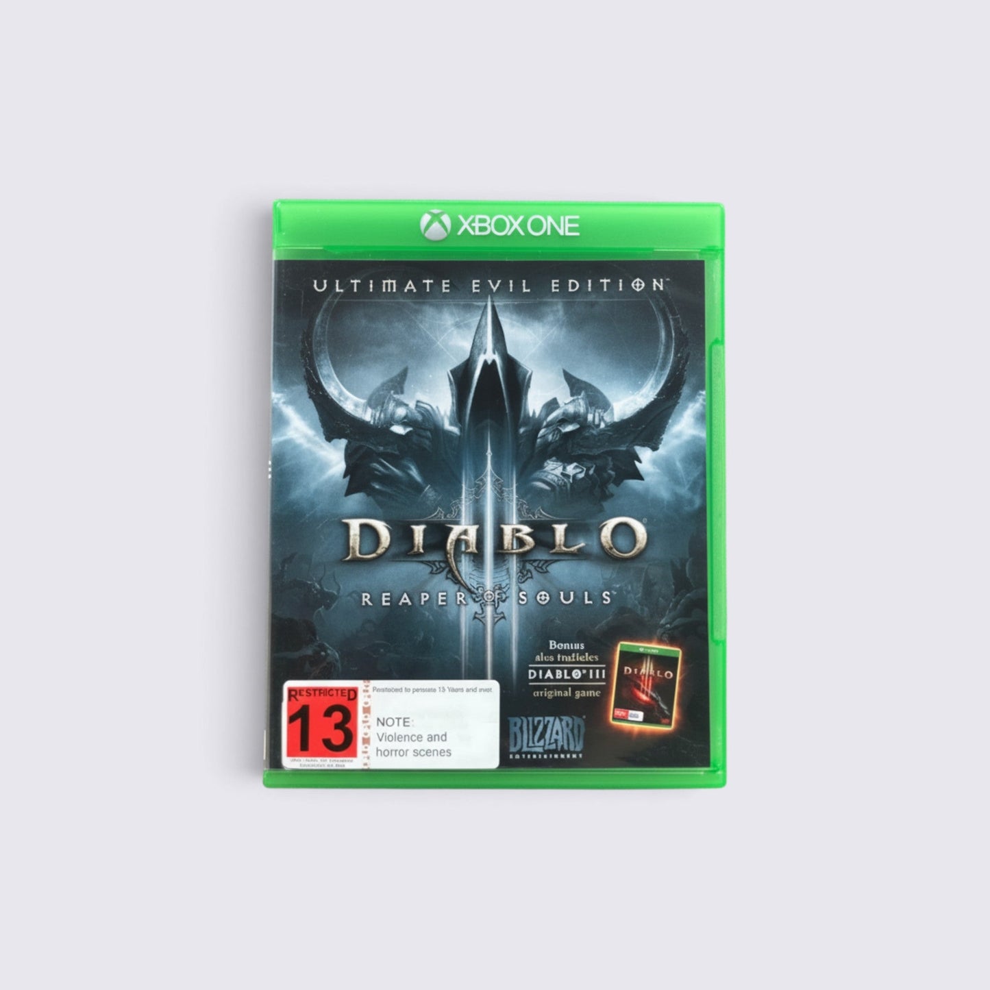 MrPixel Diablo III Ultimate Evil Edition game case for Xbox One featuring dark fantasy artwork and rating label