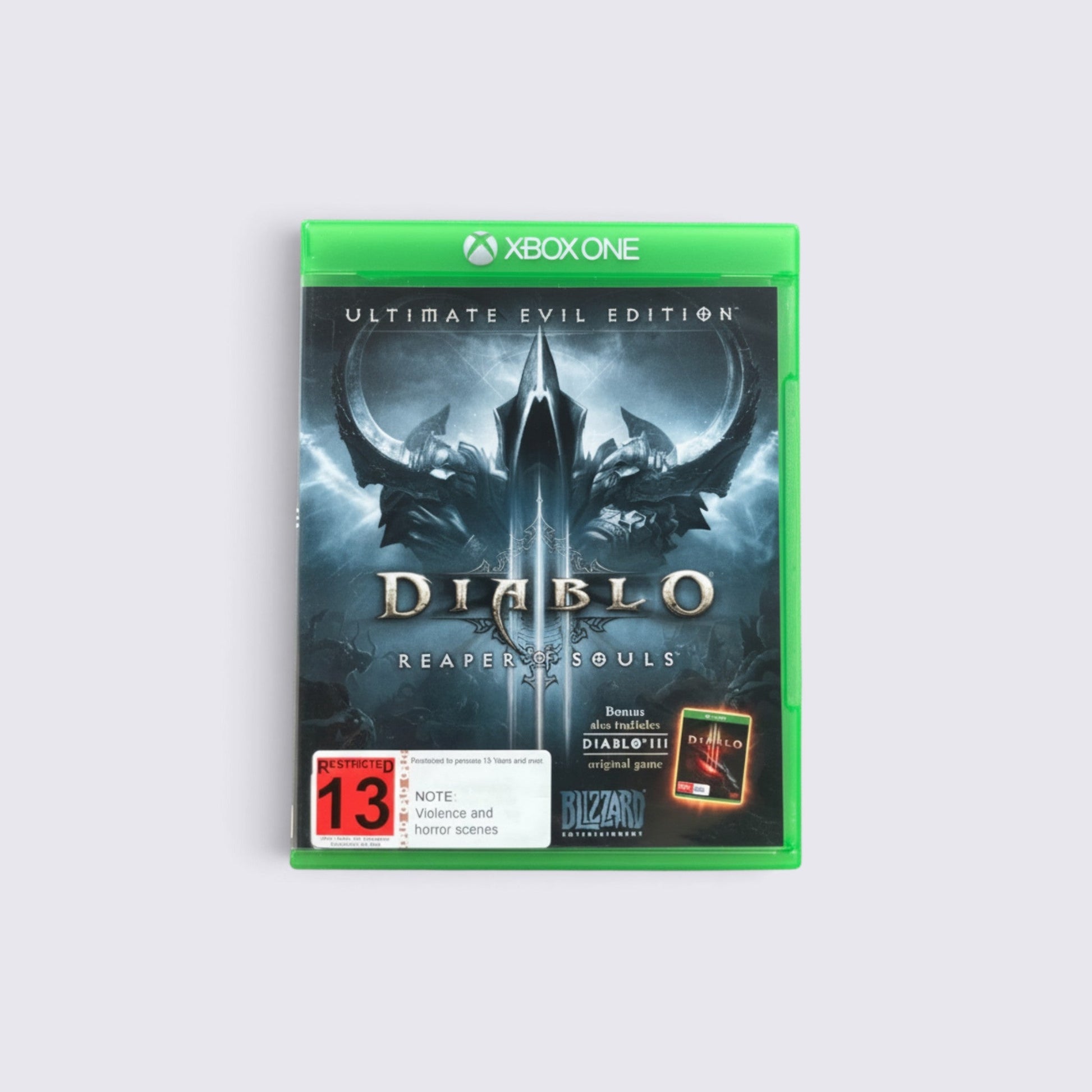 MrPixel Diablo III Ultimate Evil Edition game case for Xbox One featuring dark fantasy artwork and rating label