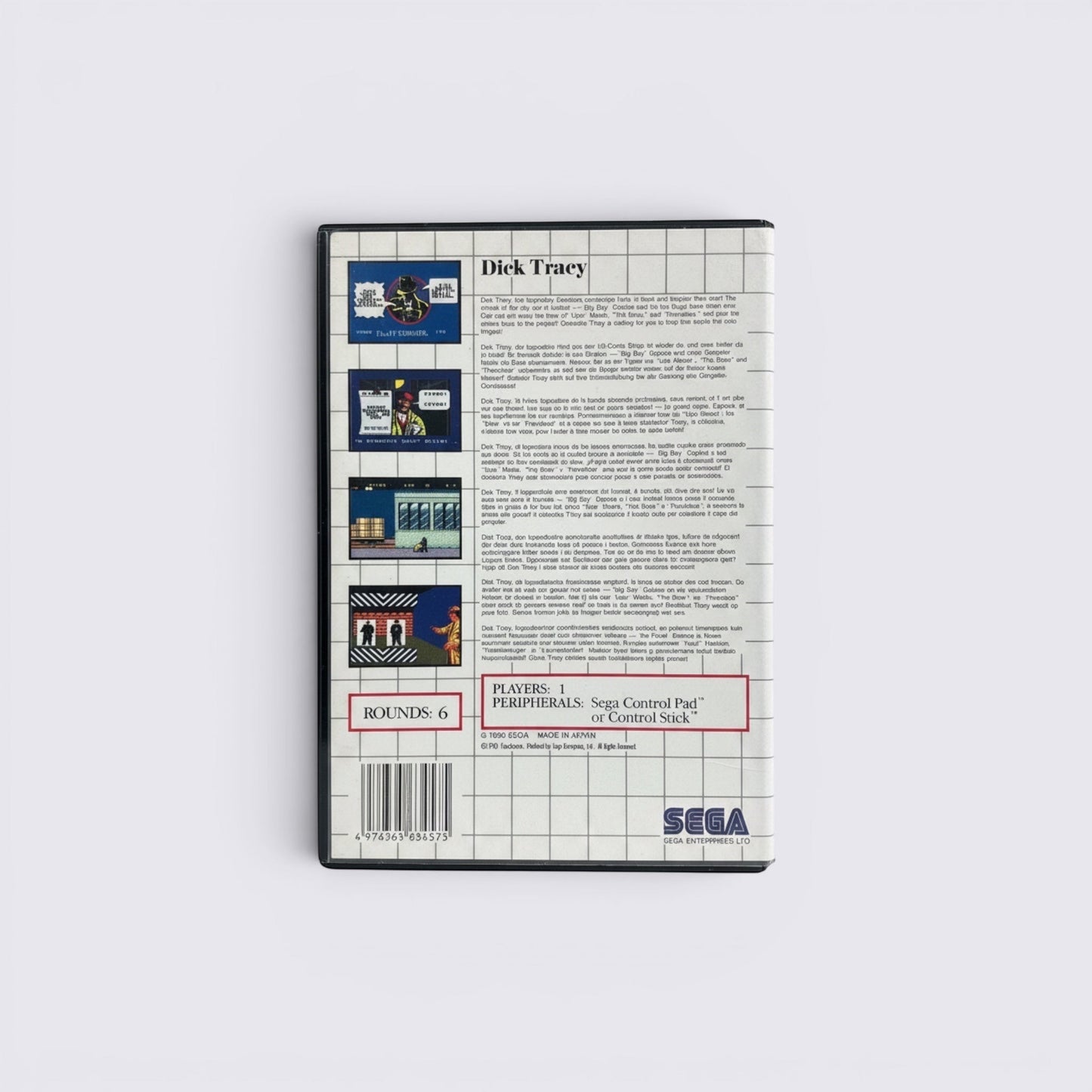 MrPixel Dick Tracy SEGA video game back cover featuring game description and technical specifications