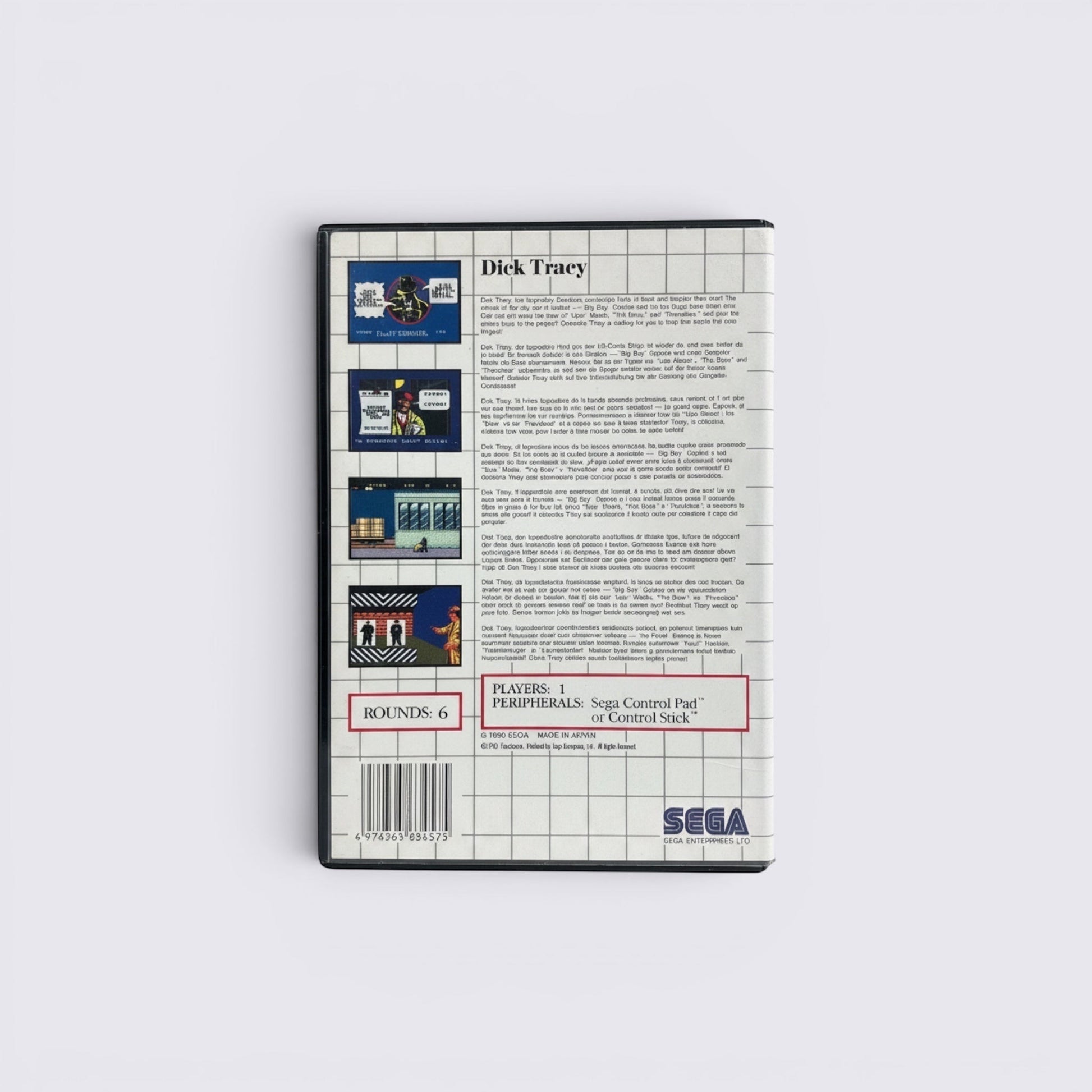 MrPixel Dick Tracy SEGA video game back cover featuring game description and technical specifications