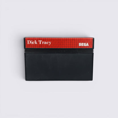 MrPixel Dick Tracy SEGA video game cartridge with a red grid label and black plastic casing.
