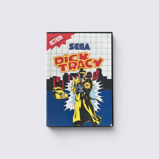 MrPixel Dick Tracy SEGA Genesis game box art featuring the detective in a yellow trench coat against a city skyline.