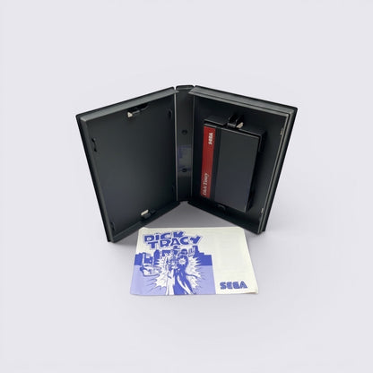MrPixel Dick Tracy SEGA Master System game cartridge with open black plastic case and instruction manual