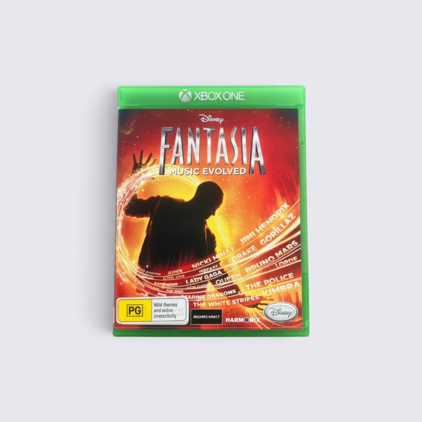 MrPixel Disney Fantasia: Music Evolved Xbox One game case featuring a sorcerer silhouette and musical artist list.