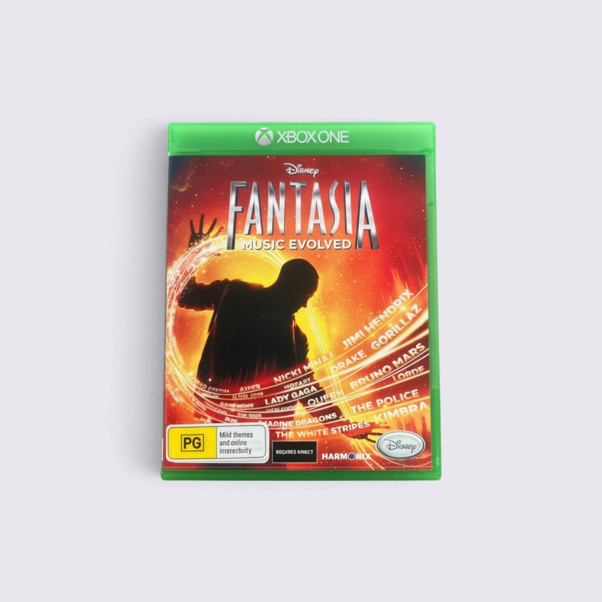 MrPixel Disney Fantasia: Music Evolved Xbox One game case featuring a sorcerer silhouette and musical artist list.