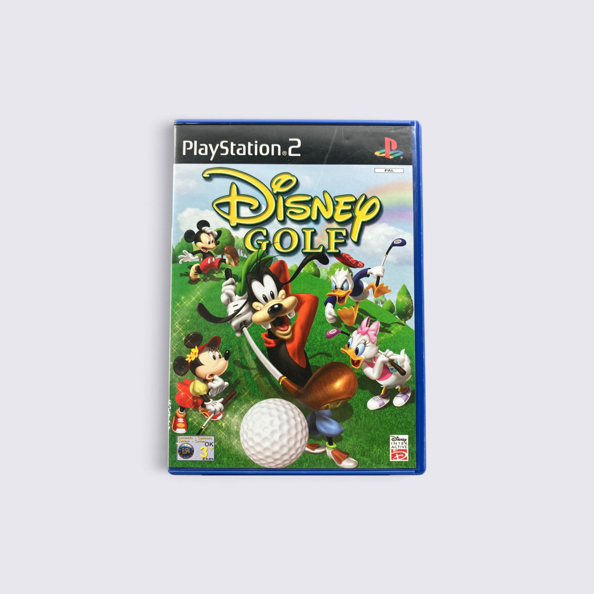 MrPixel Disney Golf PlayStation 2 game case featuring Mickey, Goofy, Donald, and Daisy playing golf on a green course.
