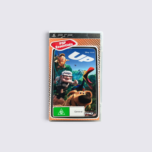 MrPixel Disney-Pixar Up Essentials PSP game case featuring Carl, Russell, and Dug in a jungle adventure setting.