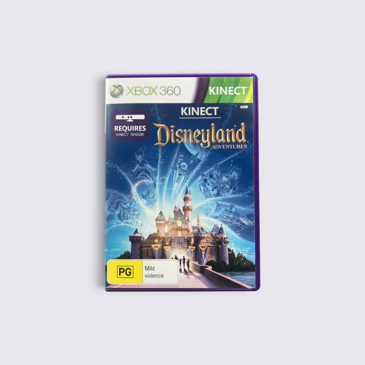 MrPixel Disneyland Adventures Xbox 360 game case featuring Mickey Mouse and Disneyland castle artwork