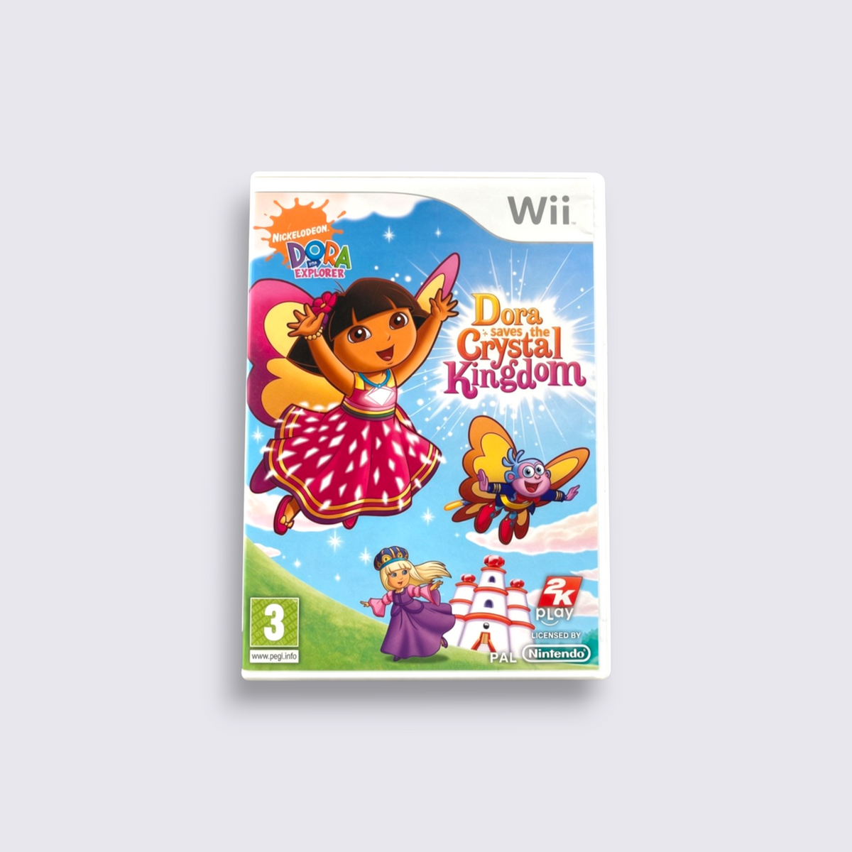 MrPixel Dora Saves the Crystal Kingdom Wii game case featuring Dora as a fairy with Boots and a magical castle.