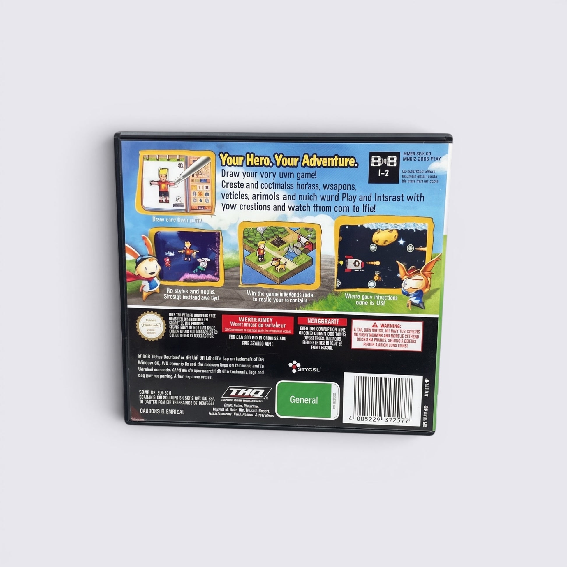 MrPixel Drawn to Life Nintendo DS game case back cover showing gameplay screenshots and creative drawing features
