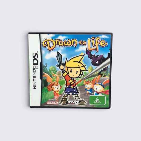 MrPixel Drawn to Life Nintendo DS game case featuring colourful cartoon characters and a fantasy adventure theme.