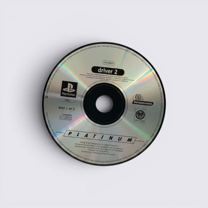 MrPixel Driver 2 Platinum edition PlayStation game disc 1 of 2 featuring silver reflective surface and branding