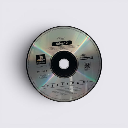 MrPixel Driver 2 Platinum edition PlayStation game disc 2 of 2 featuring silver reflective surface and official branding.