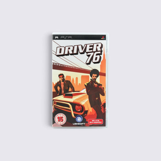 MrPixel DRIVER 76 PSP game case featuring retro 1970s style character art and a classic muscle car in an orange city.