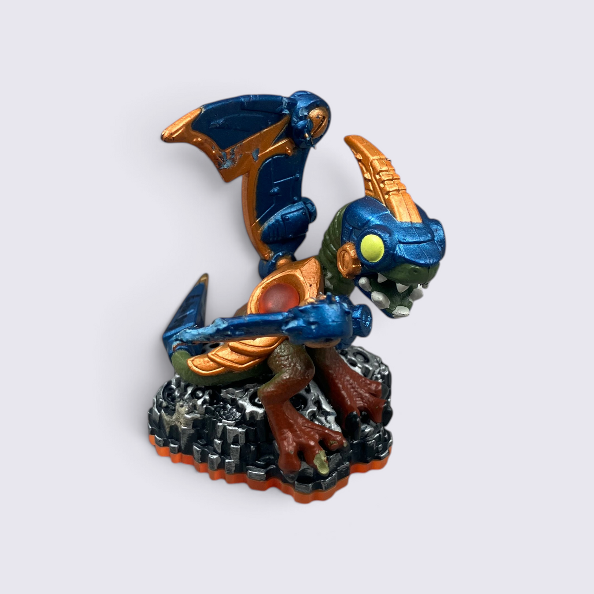 MrPixel Drobot LightCore Skylander figure featuring a blue and copper robotic dragon design on a rocky base