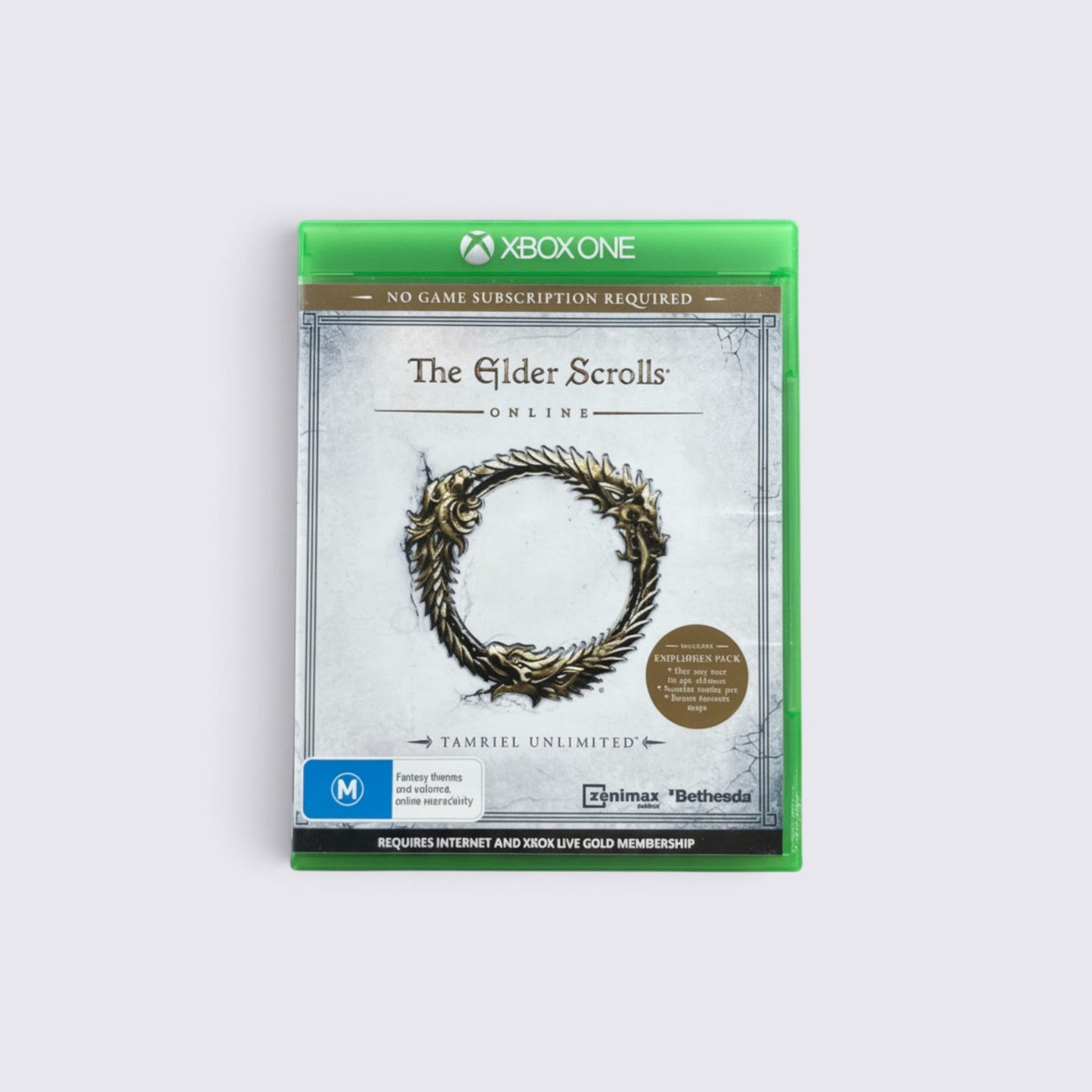 MrPixel The Elder Scrolls Online Tamriel Unlimited game case for Xbox One featuring the iconic Ouroboros emblem.