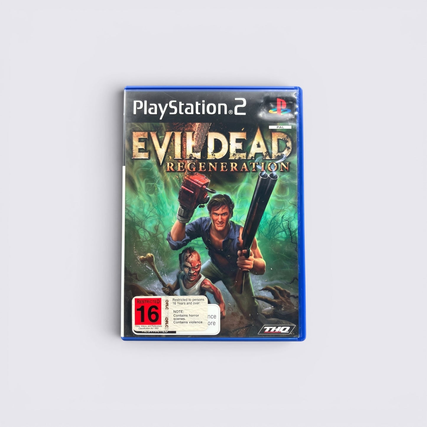 MrPixel Evil Dead Regeneration PlayStation 2 game case featuring Ash Williams with a chainsaw and shotgun.