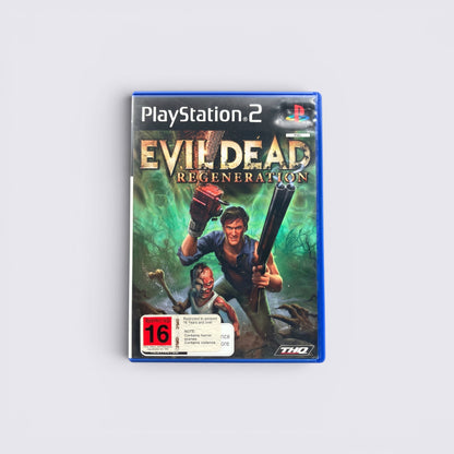 MrPixel Evil Dead Regeneration PlayStation 2 game case featuring Ash Williams with a chainsaw and shotgun.