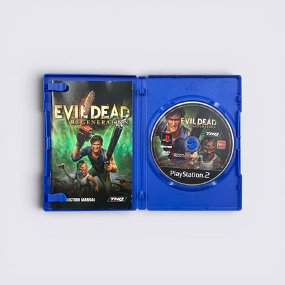 MrPixel Evil Dead Regeneration PS2 game case with manual and disc featuring Ash Williams and Deadite artwork