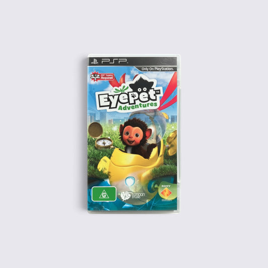 MrPixel EyePet Adventures PSP game case featuring a cute virtual pet in a yellow vehicle on a green field