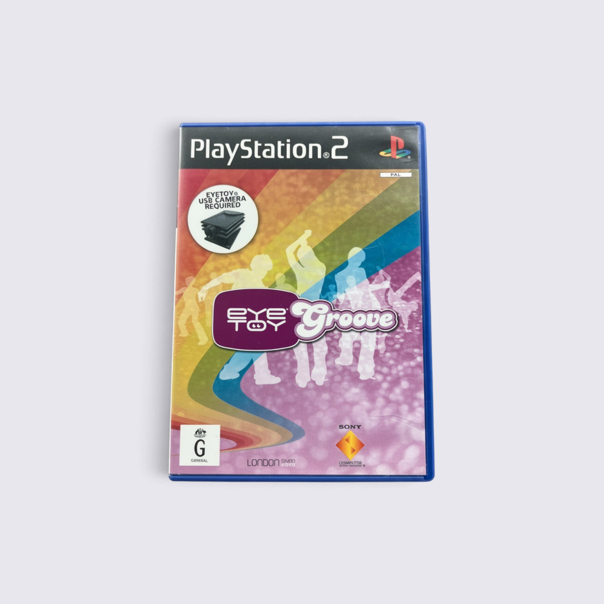 MrPixel Eye Toy: Groove PlayStation 2 game case featuring a colourful rainbow background and dancing silhouettes.
