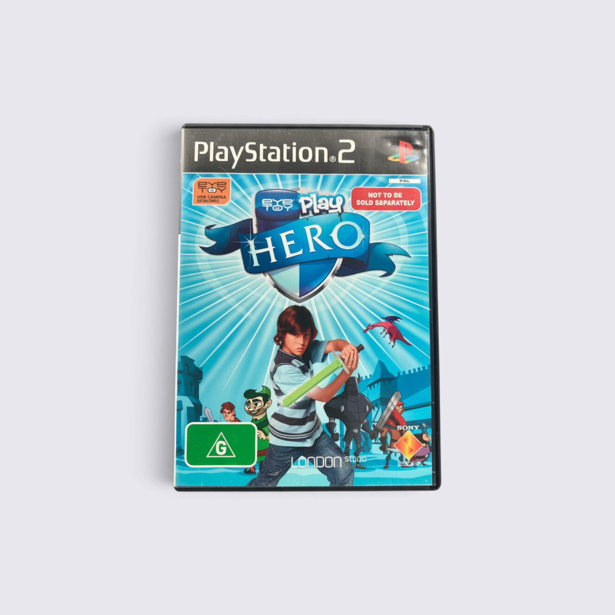 MrPixel Eye Toy: Play Hero game case for PlayStation 2 featuring a boy with a sword and heroic adventure graphics.