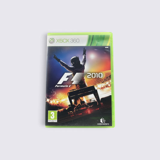 MrPixel F1 2010 video game for Xbox 360 featuring a racing driver celebrating on the cover art