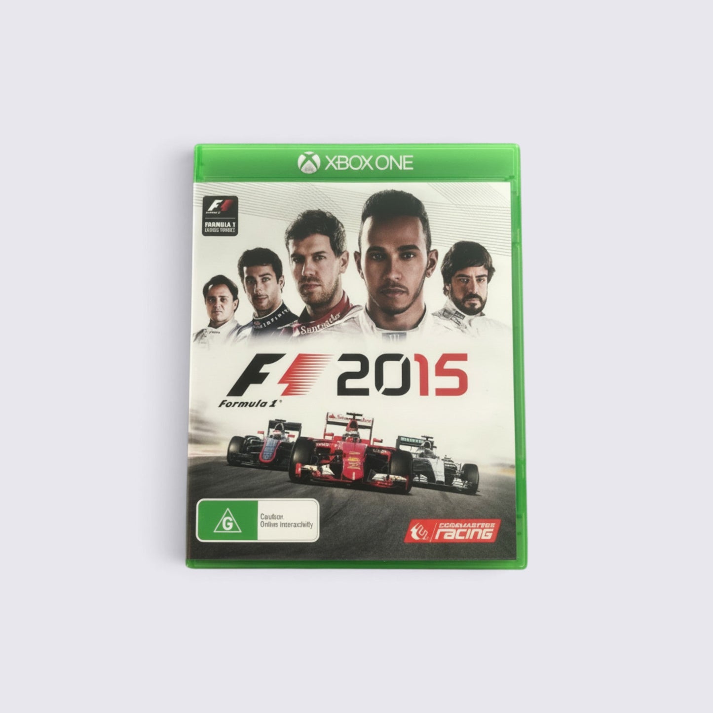 MrPixel F1 2015 Xbox One racing game case featuring Formula 1 drivers and race cars on the cover art.