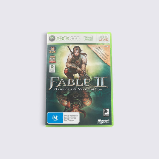MrPixel Fable 2 Game of the Year Edition Xbox 360 game case featuring fantasy hero artwork on a green background