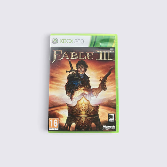 MrPixel Fable 3 Xbox 360 game case featuring the hero with a sword and pistol on the cover art.