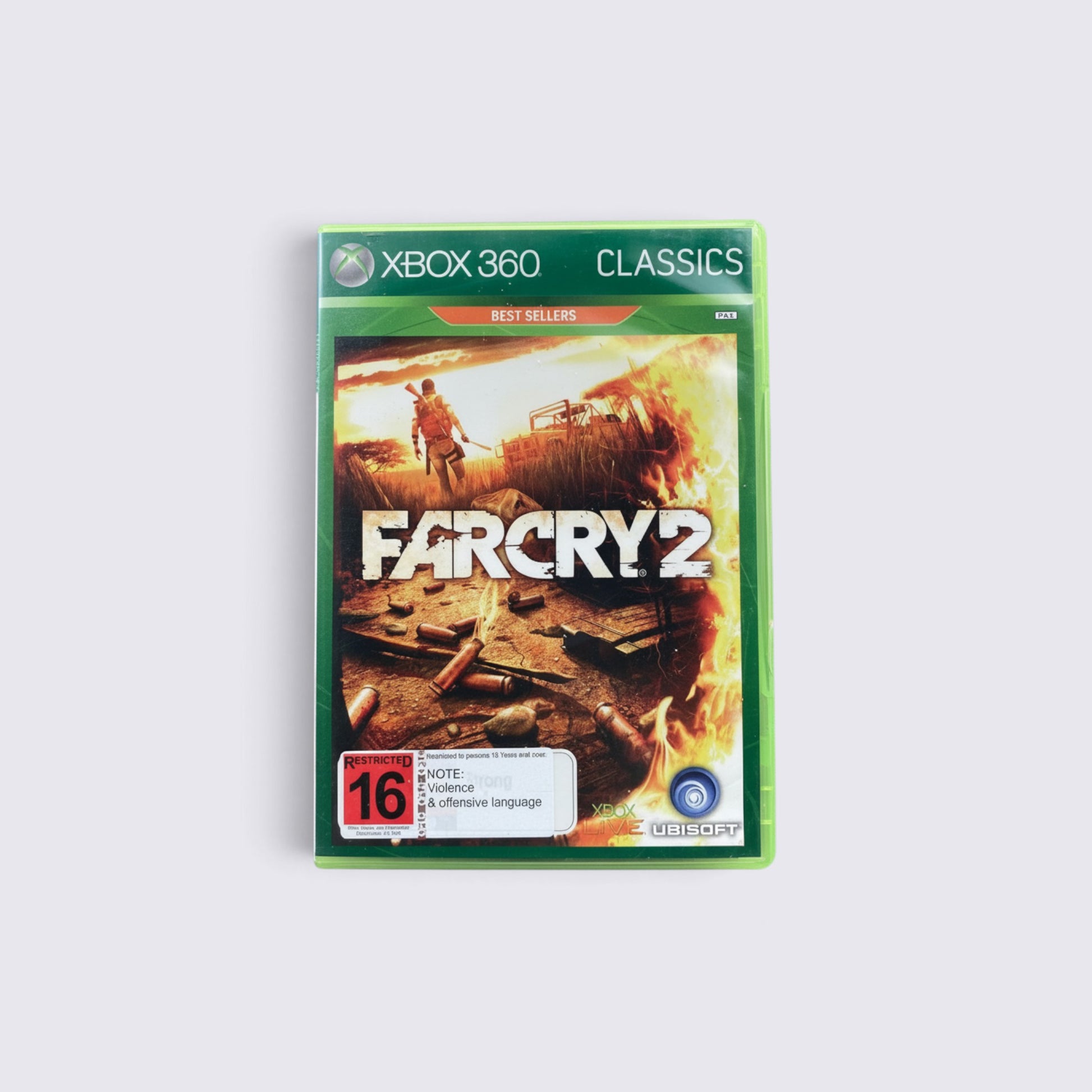 MrPixel Far Cry 2 Classics edition for Xbox 360 featuring action-packed cover art with fire and mercenary imagery.