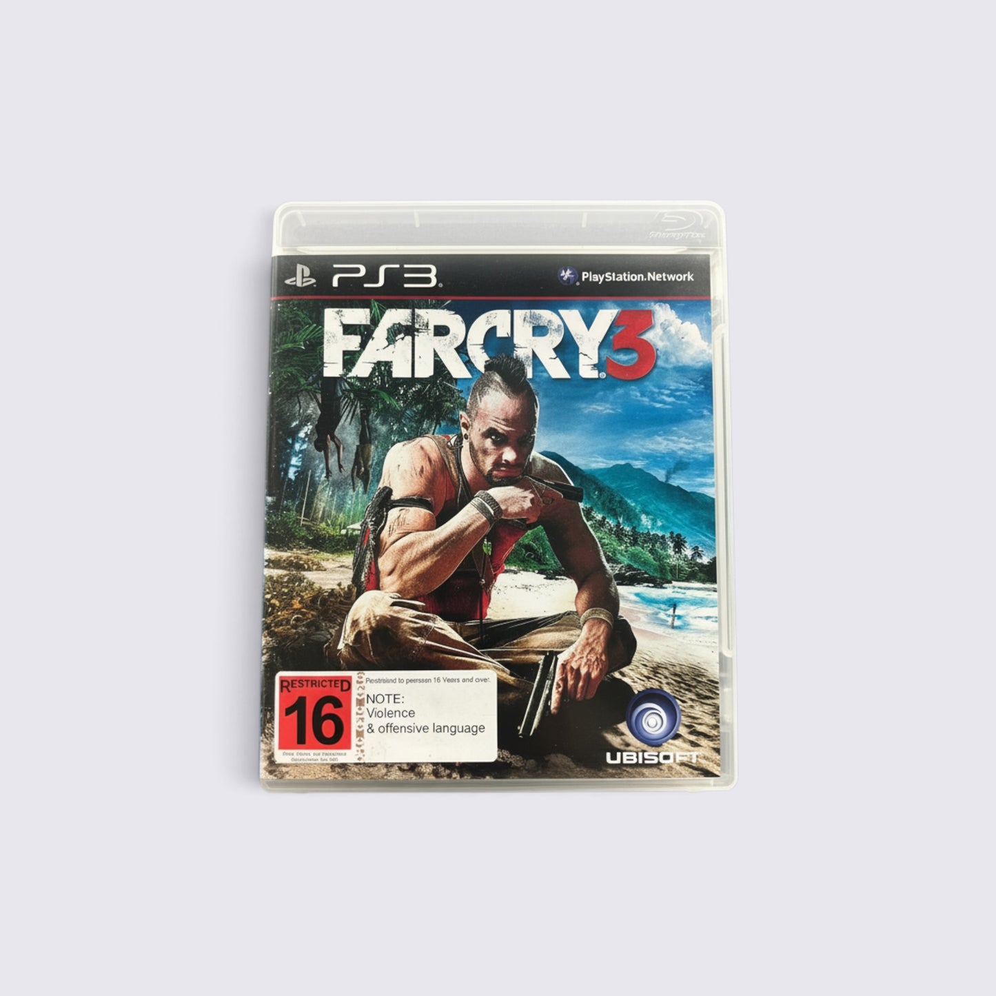 MrPixel Far Cry 3 PlayStation 3 game case featuring Vaas Montenegro on a tropical island beach background
