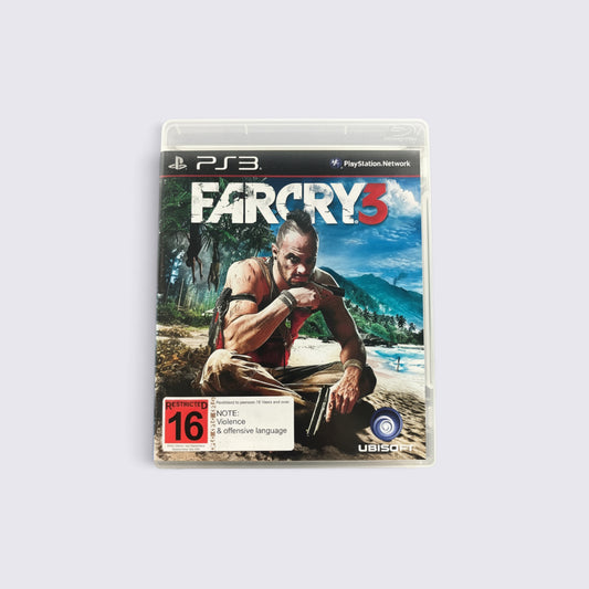 MrPixel Far Cry 3 PlayStation 3 game case featuring Vaas Montenegro on a tropical island beach background