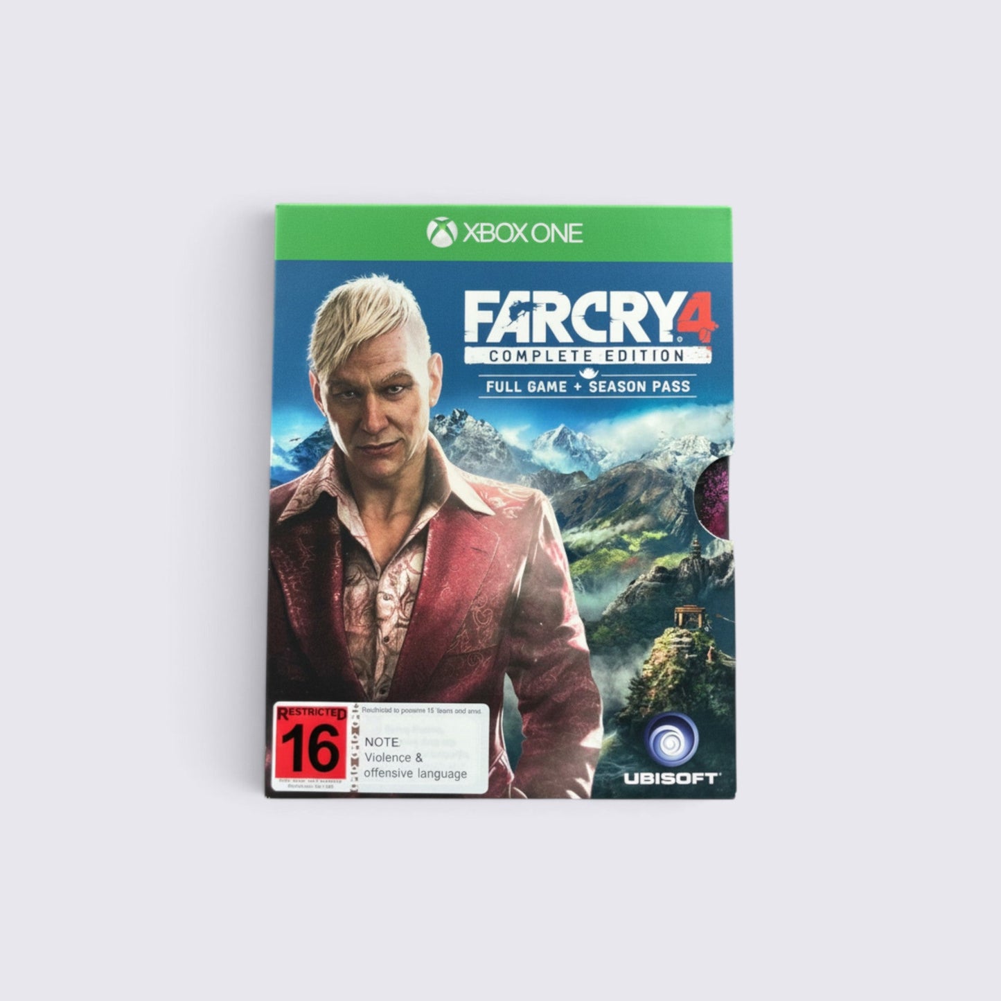 MrPixel Far Cry 4 Complete Edition game case for Xbox One featuring the antagonist Pagan Min against a mountain backdrop