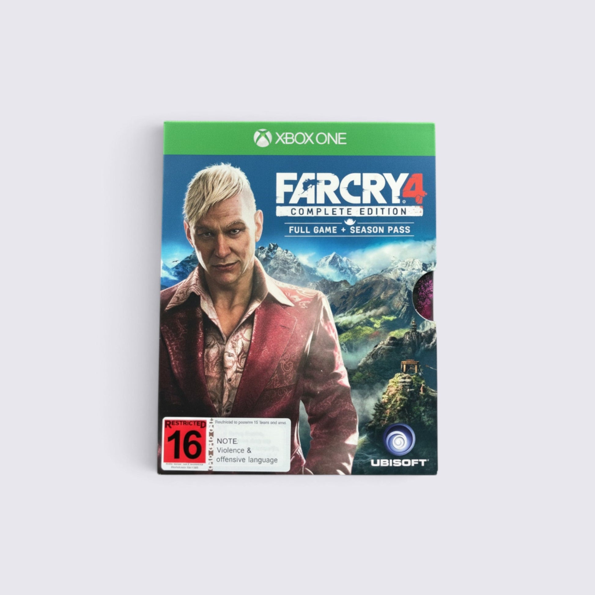 MrPixel Far Cry 4 Complete Edition game case for Xbox One featuring the antagonist Pagan Min against a mountain backdrop