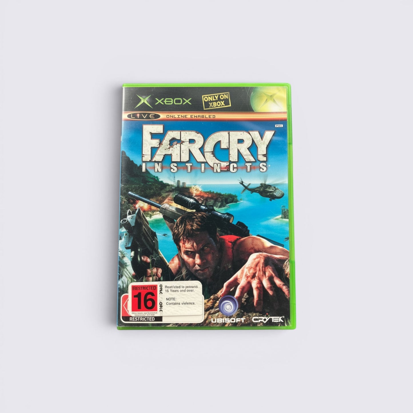 MrPixel Far Cry Instincts Xbox video game case featuring Jack Carver on a tropical island with a helicopter and rifle.