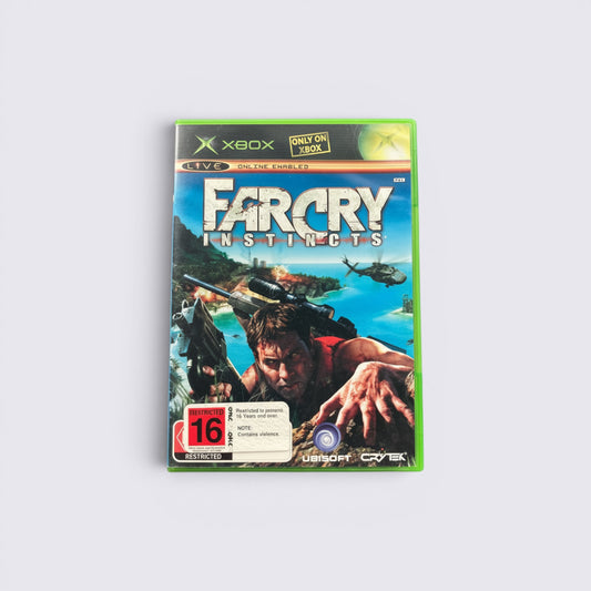 MrPixel Far Cry Instincts Xbox video game case featuring Jack Carver on a tropical island with a helicopter and rifle.