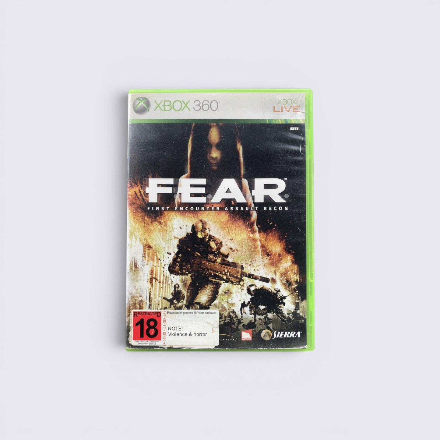 MrPixel F.E.A.R. First Encounter Assault Recon Xbox 360 game case featuring a soldier and a ghostly girl