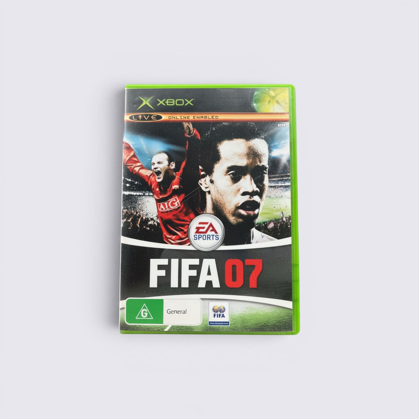 MrPixel FIFA 07 football simulation game for original Xbox featuring Wayne Rooney and Ronaldinho on cover art